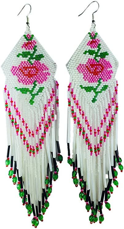 WHITE PINK ROSE LONG SEED BEAD EARRINGS