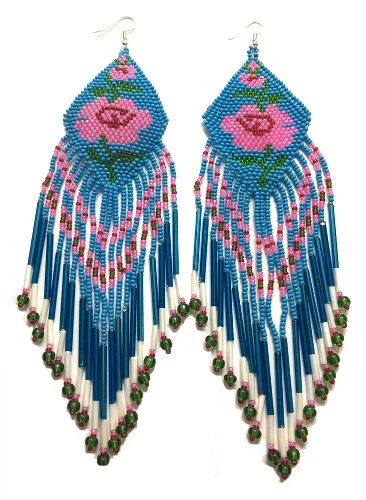 DEEP BLUE ROSE LONG FRINGE SEED BEAD EARRINGS
